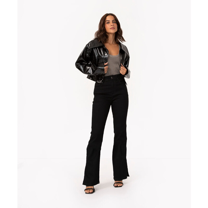 C&A calça jeans flare stretch cintura super alta com fenda preto