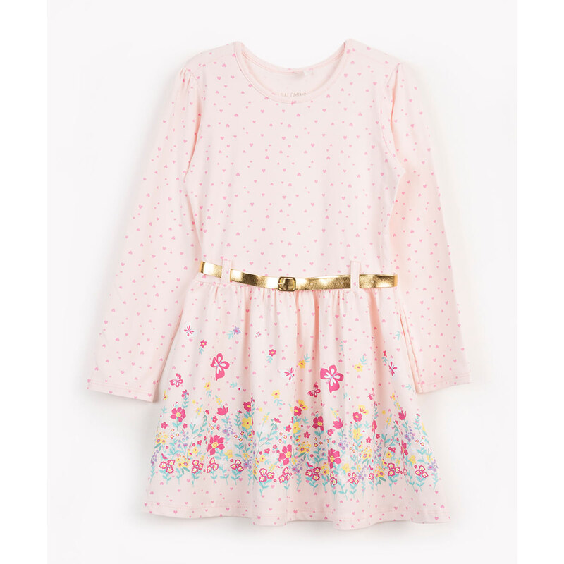 C&A vestido de algodão infantil floral manga longa com cinto rosa