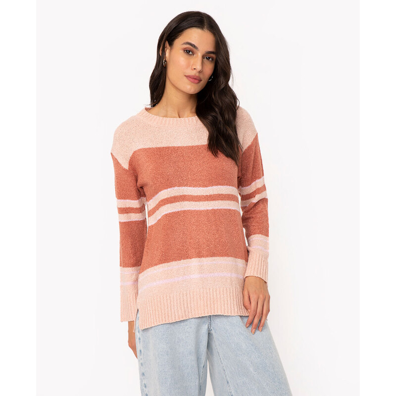C&A suéter de tricô listrado decote redondo rosa