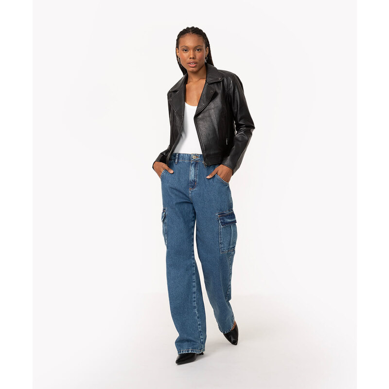C&A calça jeans reta cargo cintura super alta azul escuro