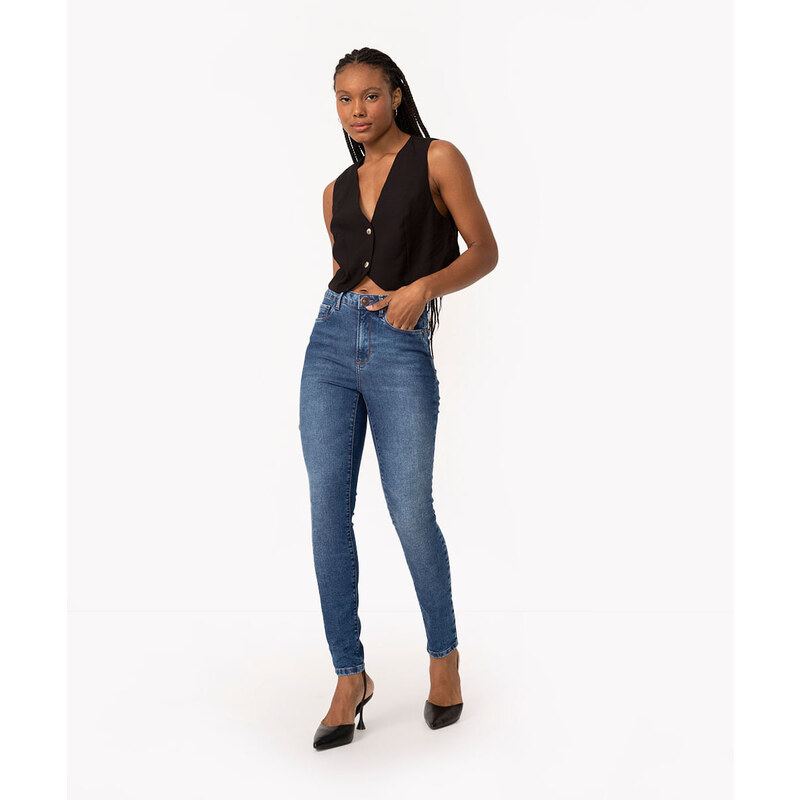 C&A calça jeans super skinny pull up cintura média com bolsos azul médio