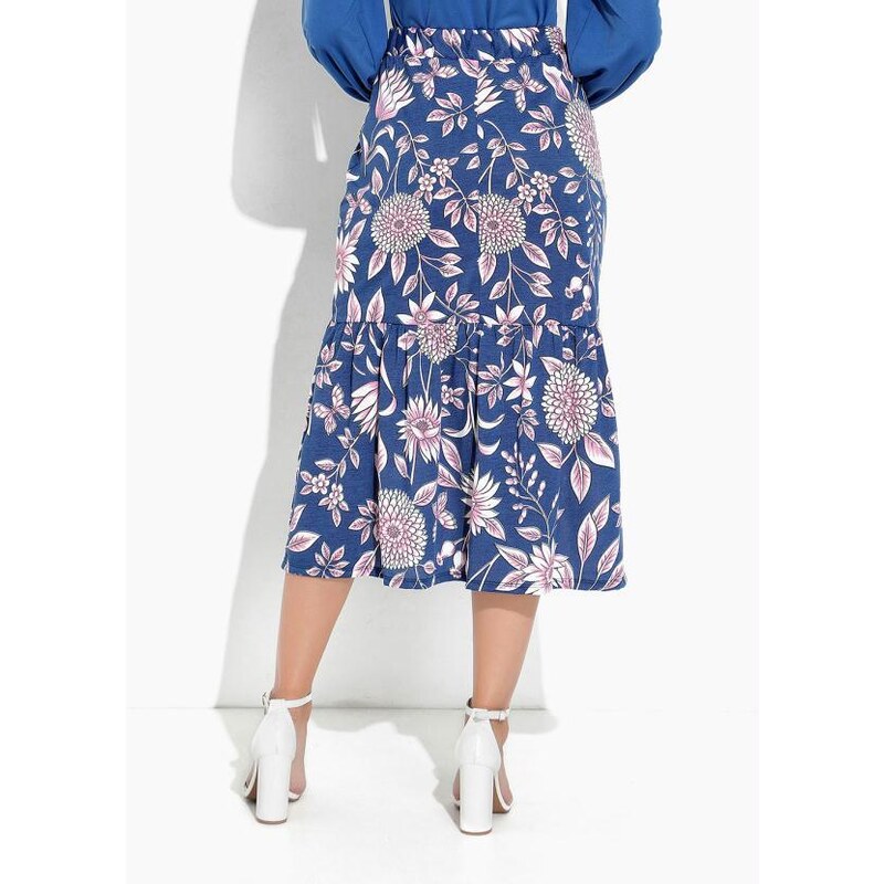 Rosalie Saia Floral Azul com Fenda Moda Evangélica 