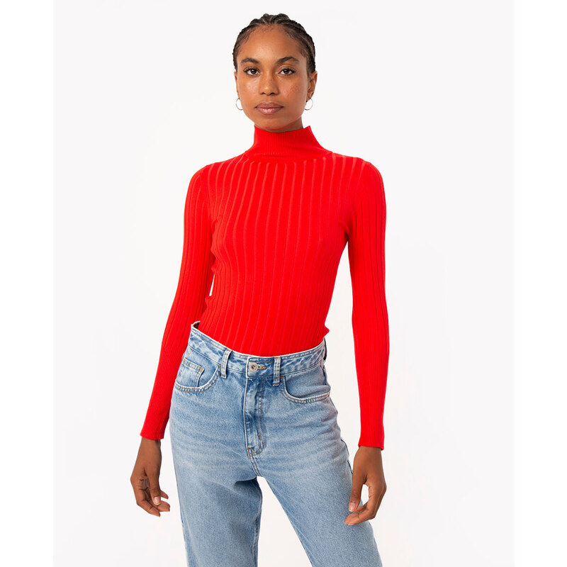 C&A suéter de tricot canelado gola alta vermelho