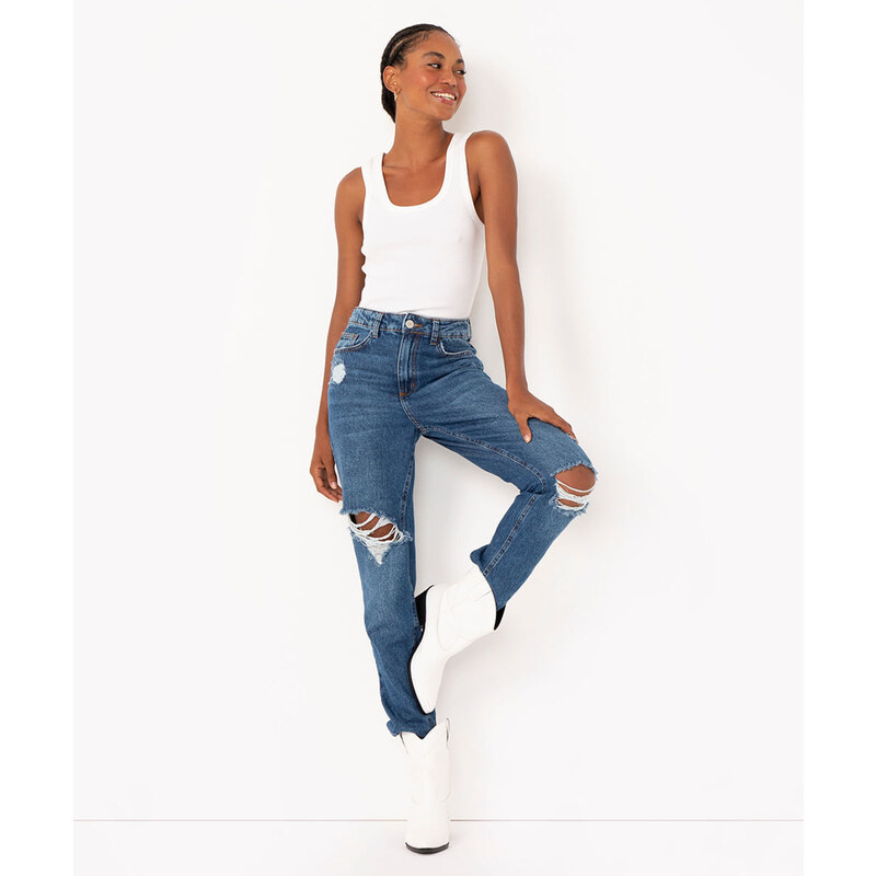 C&A calça jeans mom básica cintura super alta azul escuro