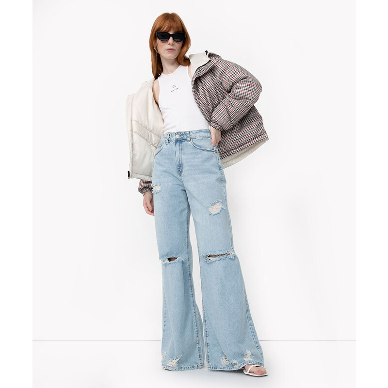C&A calça wide jeans destroyed cintura super alta azul claro