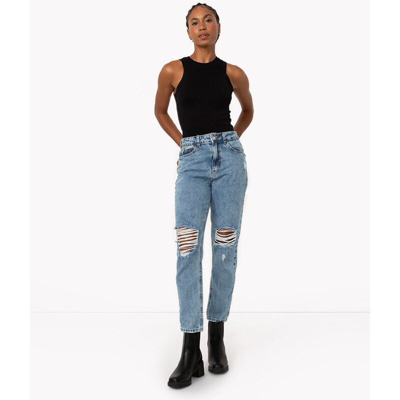 C&A calça jeans mom cintura super alta com rasgos e bolsos azul médio