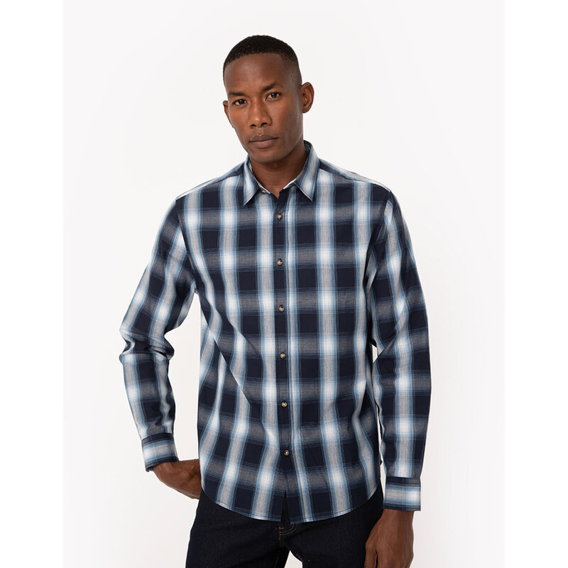 C&A camisa comfort de algodão xadrez manga longa azul médio
