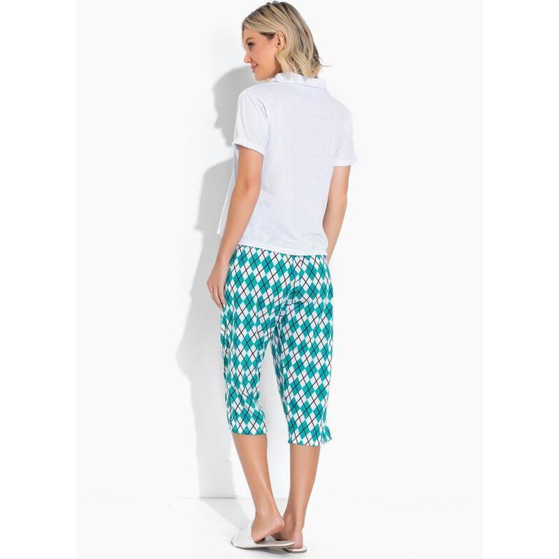 Alma Dolce Pijama Estampado com Gola Verde e Branco