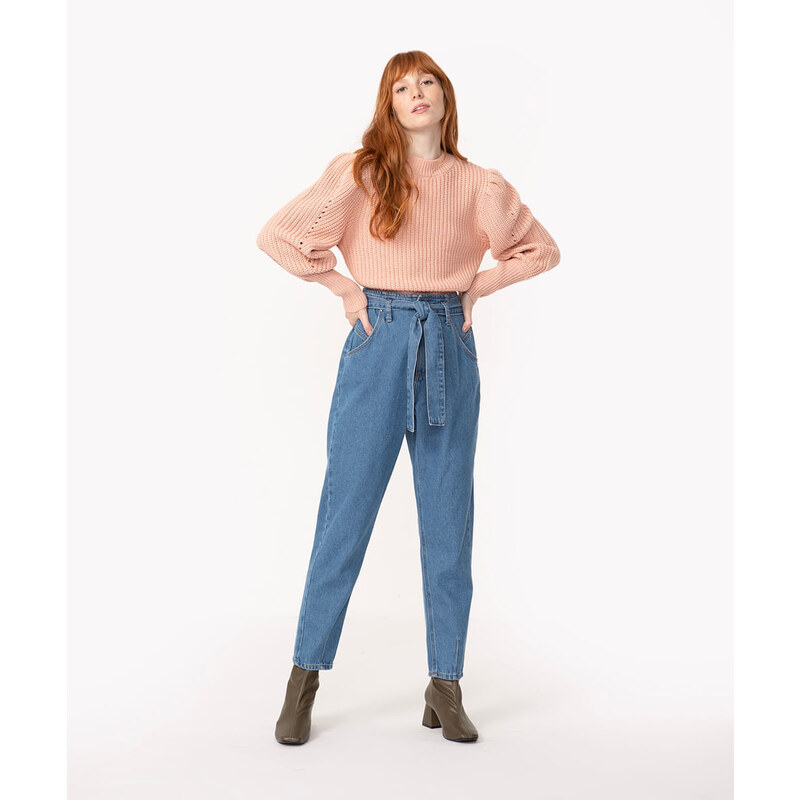 C&A calça jeans carrot cintura super alta com faixa azul médio
