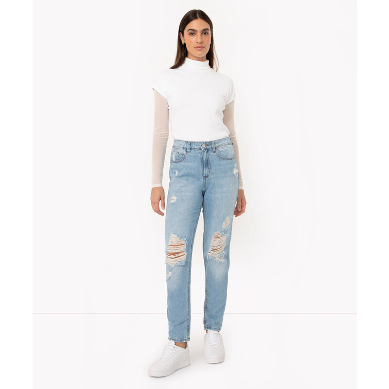 C&A calça jeans mom cintura super alta destroyed azul médio