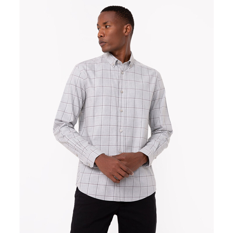 C&A camisa de algodão comfort xadrez manga longa cinza médio