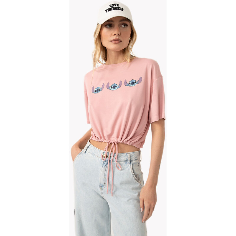 C&A blusa de viscose amarração manga curta stitch rosa