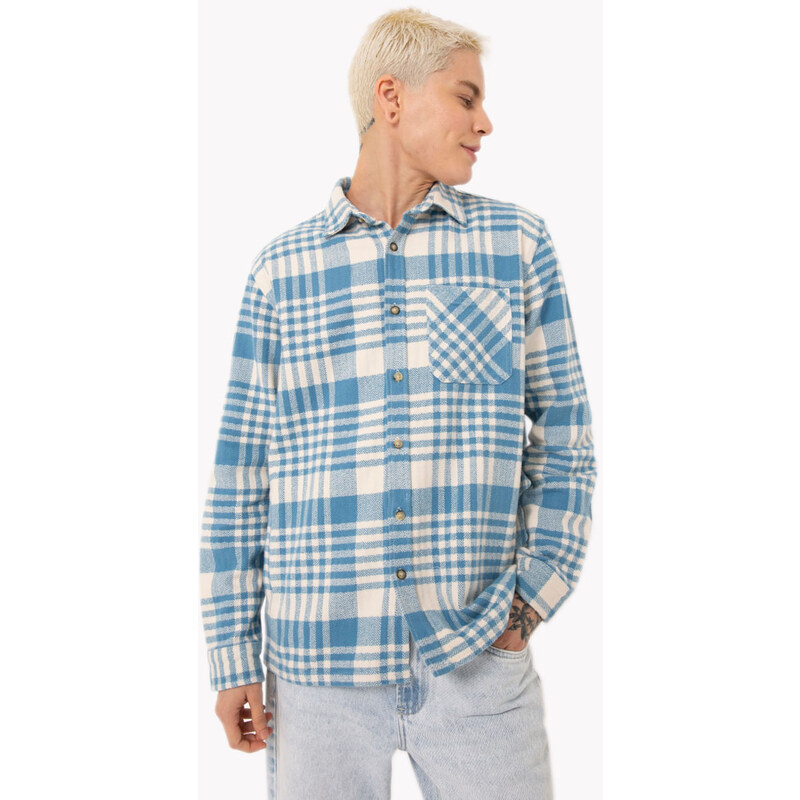 C&A camisa de algodão flanelada xadrez manga longa azul