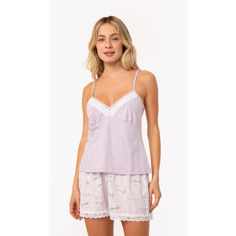 C&A pijama de algodão onça com renda alças finas lilás