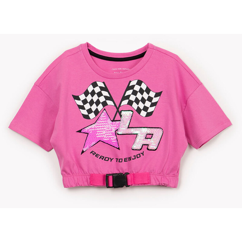 C&A cropped infantil de algodão racing paetê pink