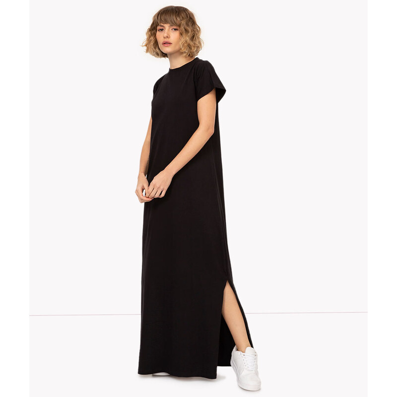 C&A vestido de algodão longo com fenda preto