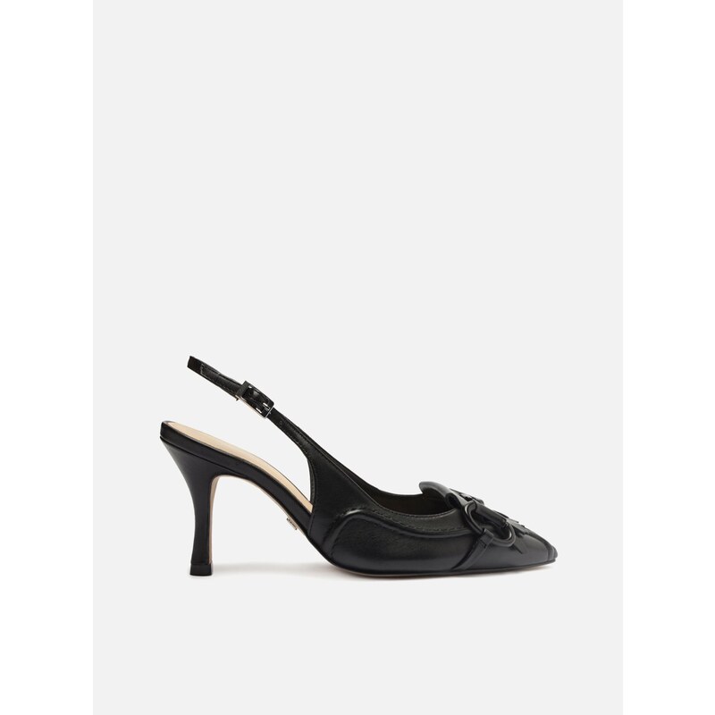 Scarpin Preto Couro Bico Fino Slingback Barbicacho Arezzo