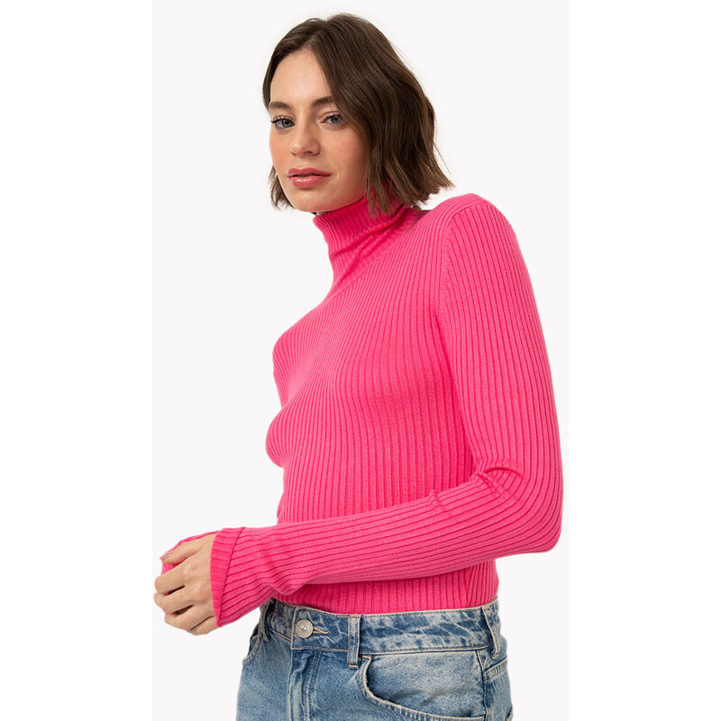 C&A blusa de tricot canelado manga longa gola alta rosa