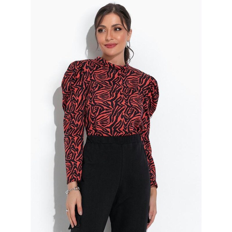 Moda Pop Blusa Tigre Vermelha com Mangas Longas Bufantes 