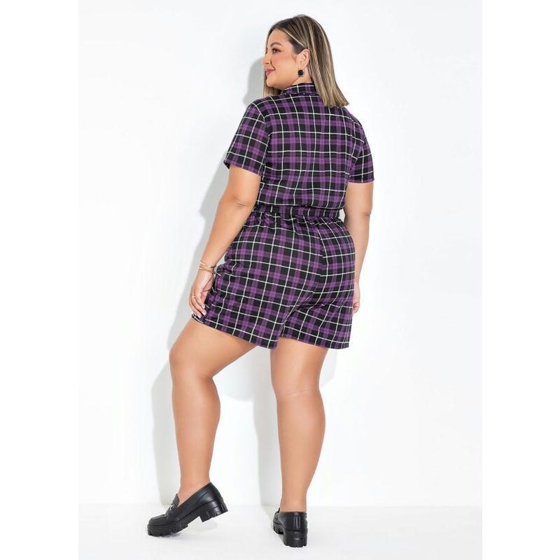 Marguerite Macaquinho Xadrez Roxo Faixa Grátis Plus Size 