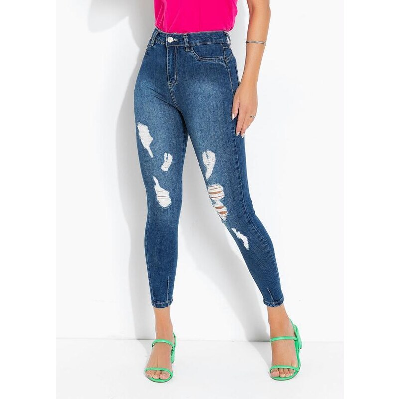 calça skinny jeans lipo push up cintura super alta sawary azul