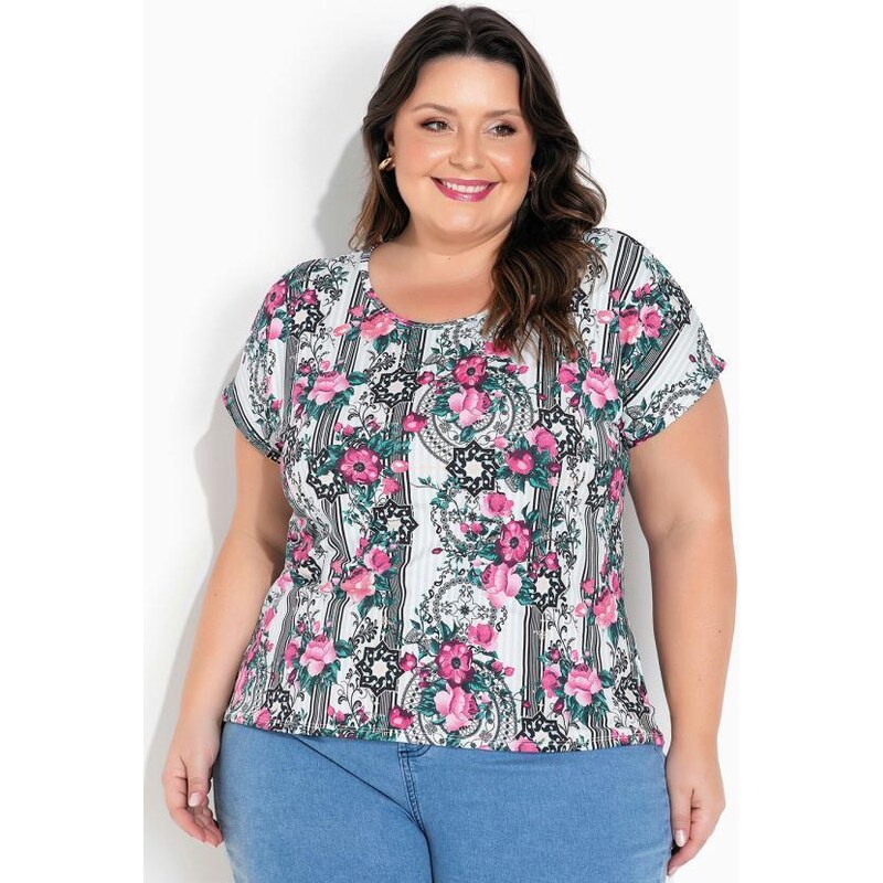 BLUSA PRETA PLUS SIZE COM ESTAMPA FLORAL BRANCA