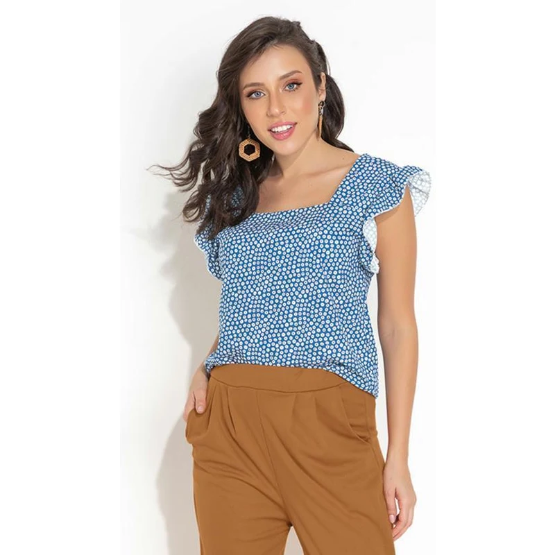 Blusa estampada com mini folho no decote e punhos