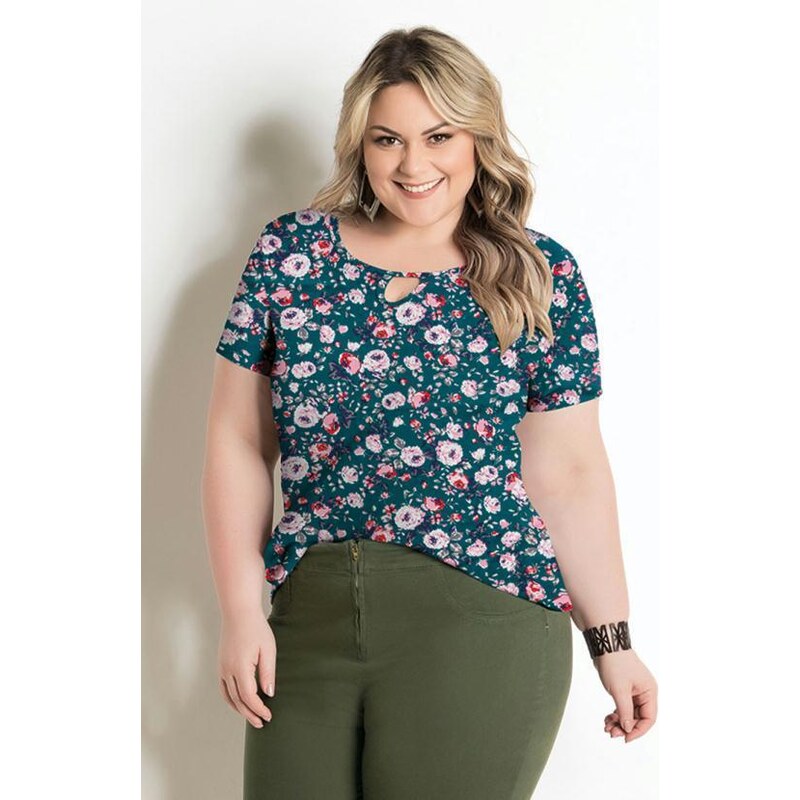 T-Shirt Floral Verde Plus Size Marguerite