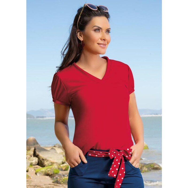 Moda Pop Blusa em Helanca Decote V Vermelha 