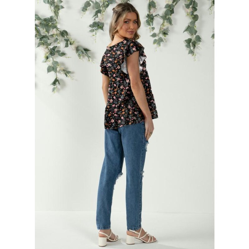 Quintess - Blusa em Camadas Mini Floral com Mangas Curtas - Faz a Boa!