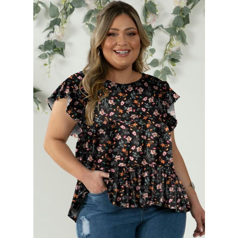 Quintess - Blusa em Camadas Mini Floral com Mangas Curtas - Faz a Boa!