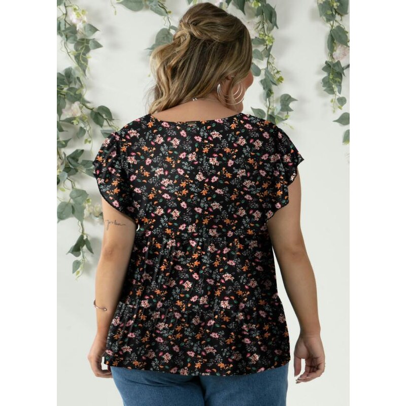 Quintess - Blusa em Camadas Mini Floral com Mangas Curtas - Faz a Boa!