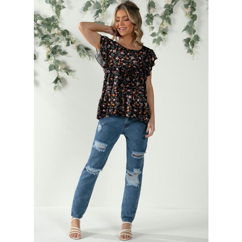 Quintess - Blusa em Camadas Mini Floral com Mangas Curtas - Faz a Boa!