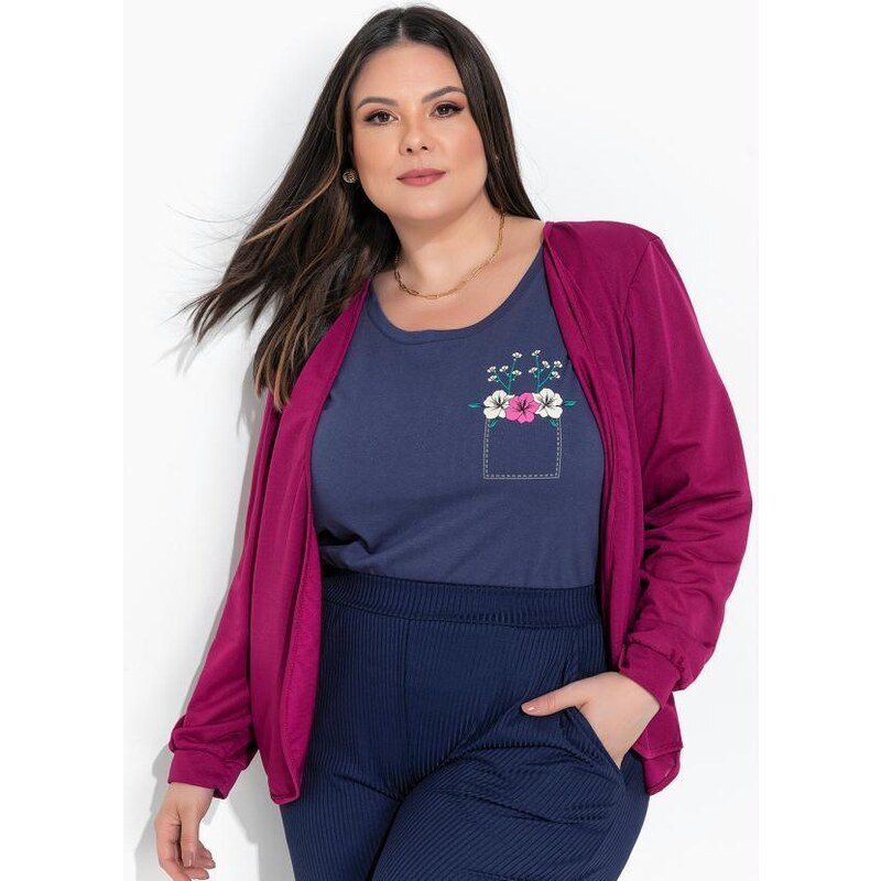 Marguerite Cardigan Xadrez Lilás com Faixa Grátis Plus Size 