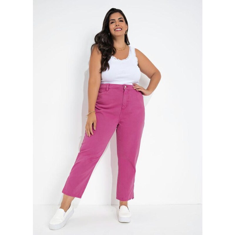 Sawary Jeans Calça Rosa com Fendas Plus Size Sawary 