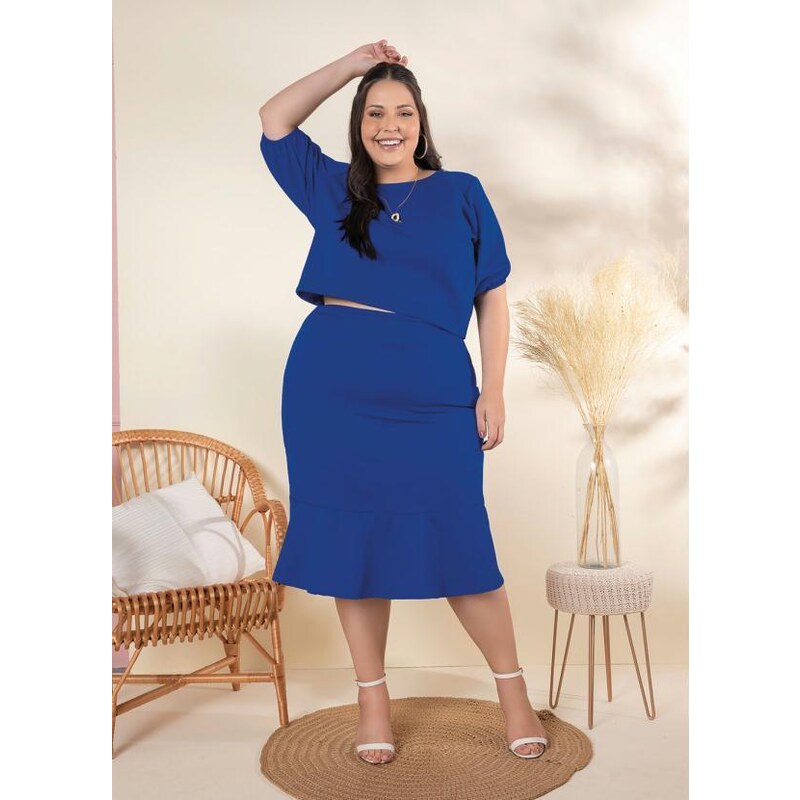 Mink Saia Plus Size Azul com Zíper 