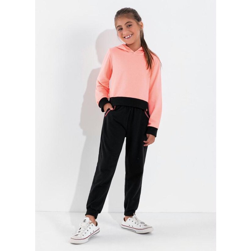 Moda Pop Casaco Infantil Rosa Neon com Capuz 