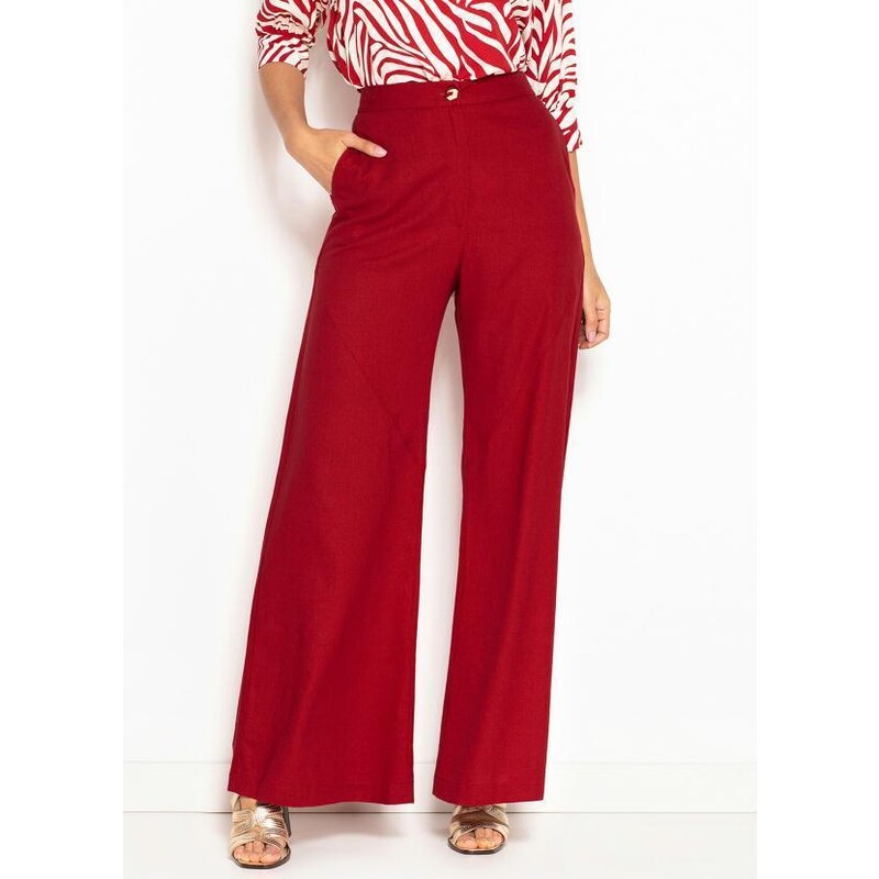 Maria Filó Calça Pantalona de Linho Bolso Lateral Vermelho - GLAMI