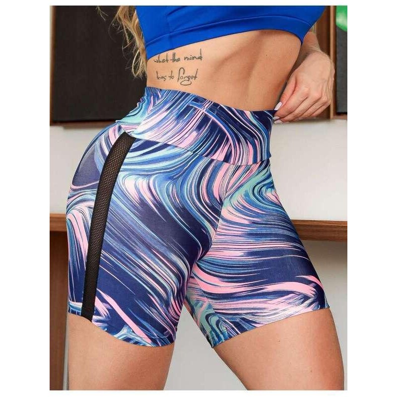 Fitmoda Short para Academia Feminino com Recortes de Tela nas Laterais  Estampado 