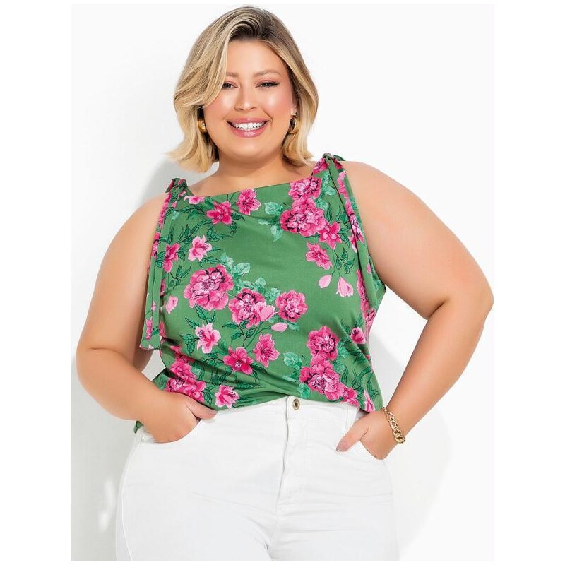 Marguerite Blusa Floral Verde com Amarração Plus Size 