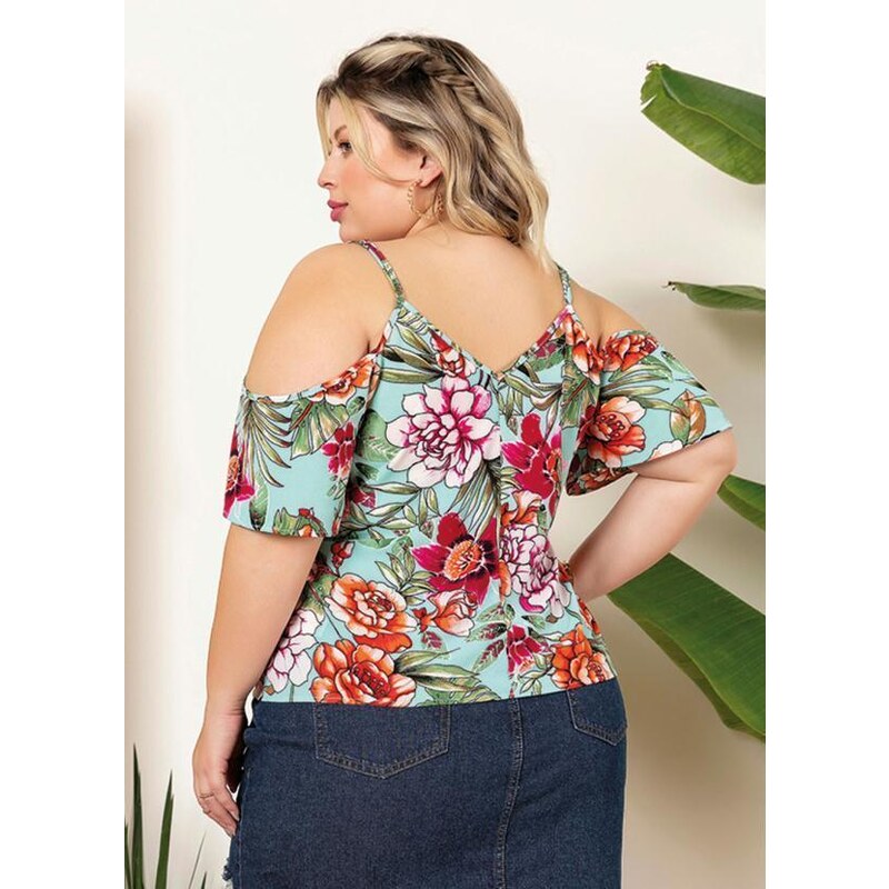 Mink Blusa Plus Size Floral Azul com Alças 