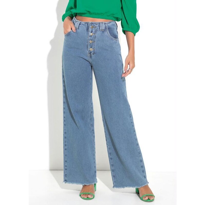 Calça Wide Leg Jeans com Cintura Alta e Pespontos Contrastantes Azul