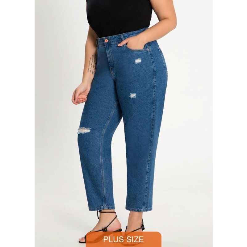 Calça Mommy Jeans com Puídos Plus Size