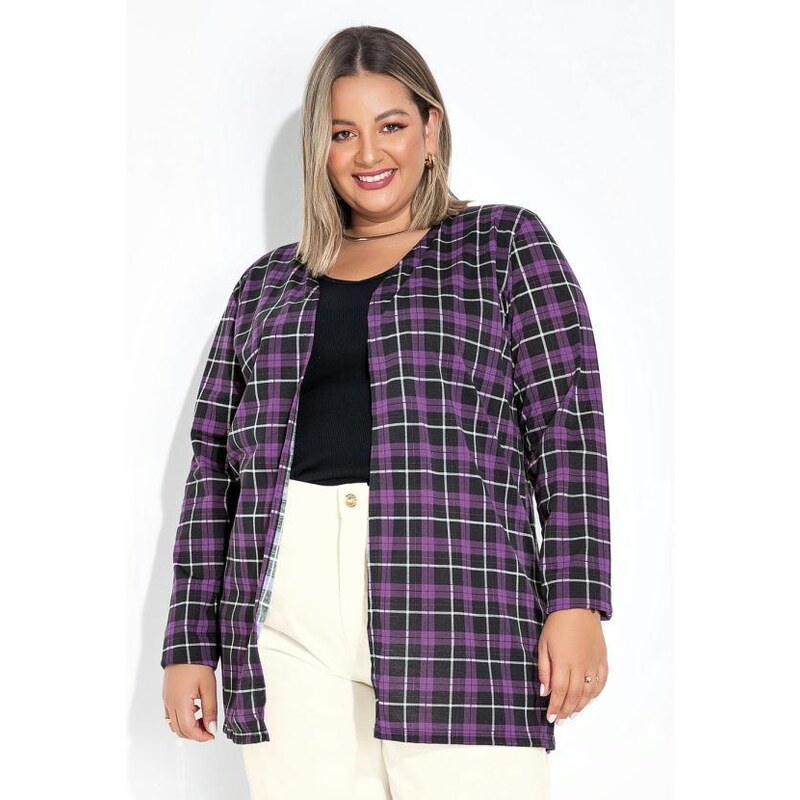 Marguerite Cardigan Xadrez Lilás com Faixa Grátis Plus Size 