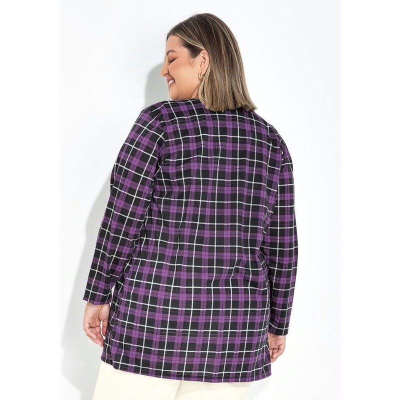 Marguerite Cardigan Xadrez Lilás com Faixa Grátis Plus Size 