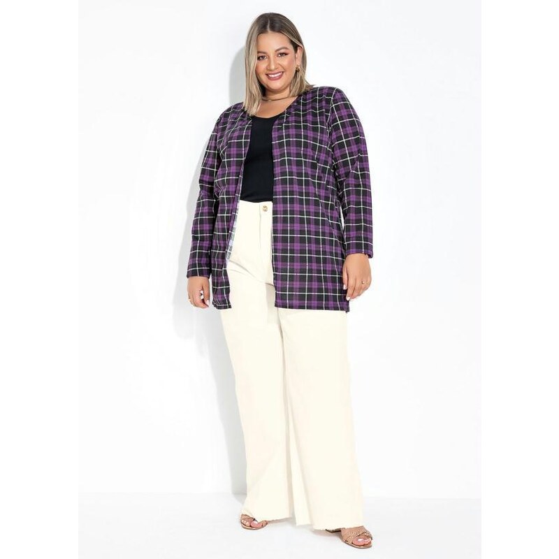 Marguerite Cardigan Xadrez Lilás com Faixa Grátis Plus Size 