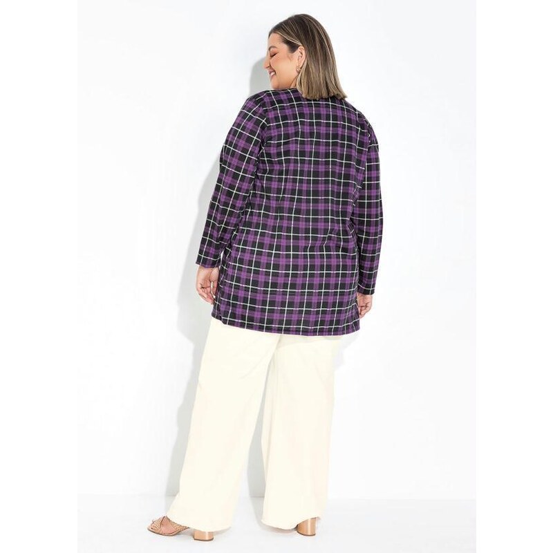 Marguerite Cardigan Xadrez Lilás com Faixa Grátis Plus Size 