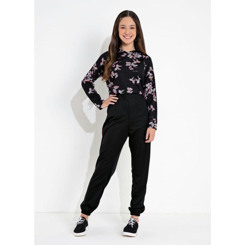 Moda Pop Blusa Juvenil Borboleta Preta com Capuz 