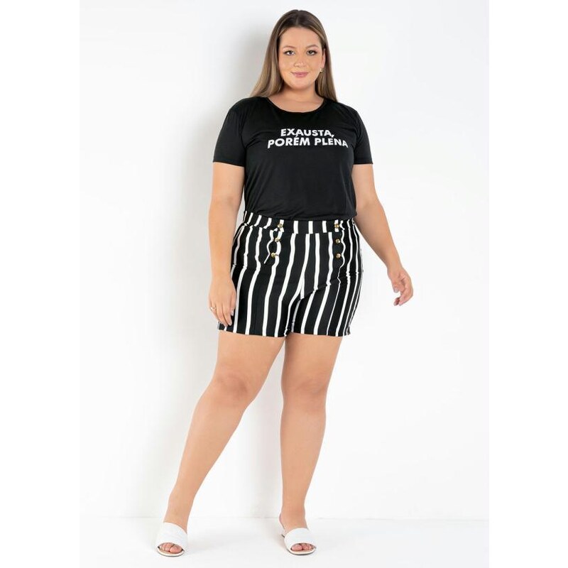 Marguerite T-Shirt Preta com Estampa Frontal Plus Size