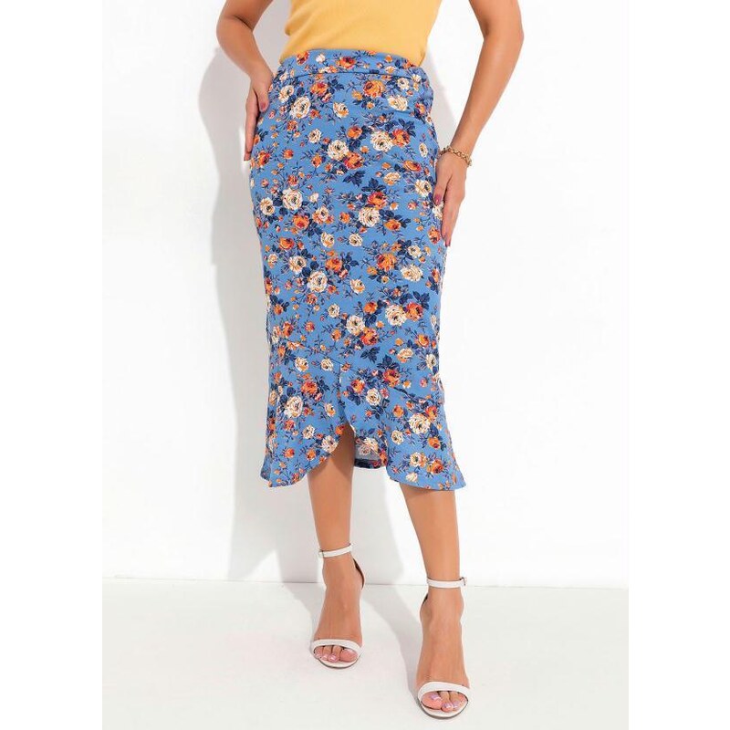 Rosalie Saia Floral Azul com Fenda Moda Evangélica 